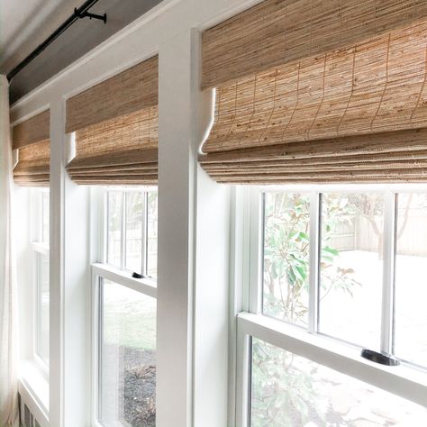 Woven Wood Blinds With Curtains, Wicker Shades Window Treatments, Wicker Window Shades, Blinds On A Large Window, Cordless Woven Shades, Bamboo Shades Bathroom, Best Shades For Windows, Cordless Bamboo Shades, Bali Natural Shades