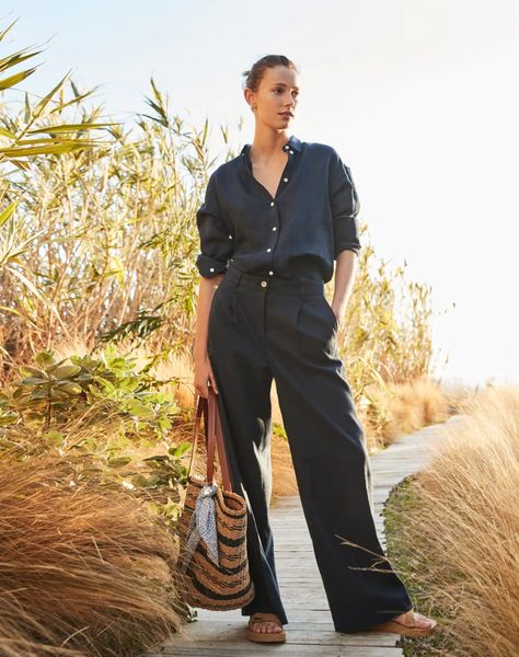 Women's New Arrivals : Dresses, Shoes & More | J.Crew Linen Blouse Outfit, Linen Shirt Outfit, Navy Linen Pants, J Crew Summer, Navy Blue Linen, Navy Blouse, Navy Linen, Irish Linen, Blazer And Shorts