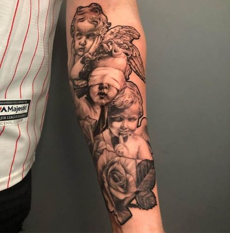 Evil Tattoo Ideas, Carousel Tattoo, No Evil Tattoo, See Tattoo, Heaven Tattoos, Cherub Tattoo, Evil Tattoo, Tattoos Arm, Evil Tattoos