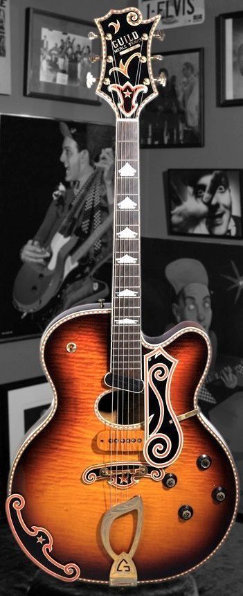 Guild 1963 Merle Travis Signature guitar. One of three made. Owned by Rick Nielsen of Cheap Trick. Estimated value? One Million dollars.... Guitar Reference, Rick Nielsen, Guild Guitars, Famous Guitars, Signature Guitar, One Million Dollars, Archtop Guitar, Cheap Trick, Unique Guitars