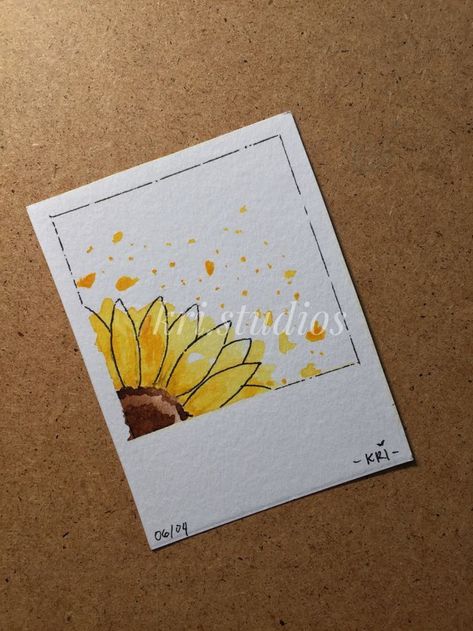 Small Cute Watercolor Paintings, Sunflower Polaroid Painting, Sunflower Polaroid Drawing, Polaroid Paintings Aesthetic, Sunflower Cute Drawing, Watercolor Art Sunflower, Sunflower Aesthetic Drawing, Spotify Polaroid Painting, Watercolor Drawings Aesthetic