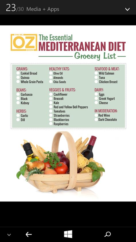 Dr. Oz Mediterranean Diet shopping checklist Diet Grocery List, Mediterranean Diet Food List, Mediterranean Recipes Healthy, Mediterranean Diet Recipes Dinners, Mediterranean Diet Meal Plan, Easy Mediterranean Diet Recipes, Low Carb Diet Plan, The Mediterranean Diet, Best Diet Plan