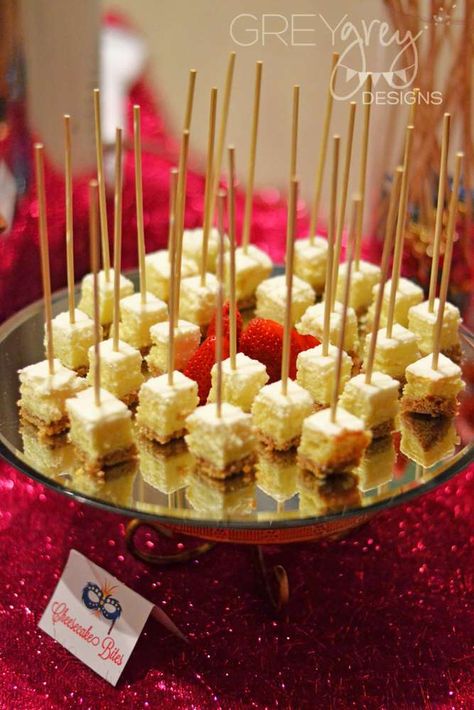 Masquerade birthday party cheesecake bites! See more party planning ideas at CatchMyParty.com! Masquerade Birthday Party Ideas, Halloween Party Food Appetizers, Masquerade Birthday Party, Halloween Fingerfood, Mascarade Party, Halloween Finger Foods, Masquerade Ball Party, Halloween Party Appetizers, 50 Party