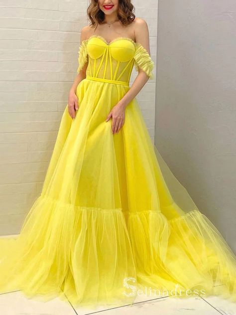 Yellow Prom Dress Long, Tulle Long Prom Dress, Off Shoulder Evening Gown, Formal Dresses Graduation, Prom Dresses Yellow, A Line Evening Dress, Custom Prom Dress, Tulle Evening Dress, Corset Dress Prom