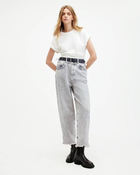 Hailey Frayed Hem Denim Jeans SNOW GREY | ALLSAINTS Light Gray Jeans Outfit, Light Denim Outfit, Light Grey Jeans Outfit, Gray Jeans Outfit, Grey Jeans Outfit, Gray Jeans, Jeans Outfit, Leather Jacket Black, Going Out Outfits