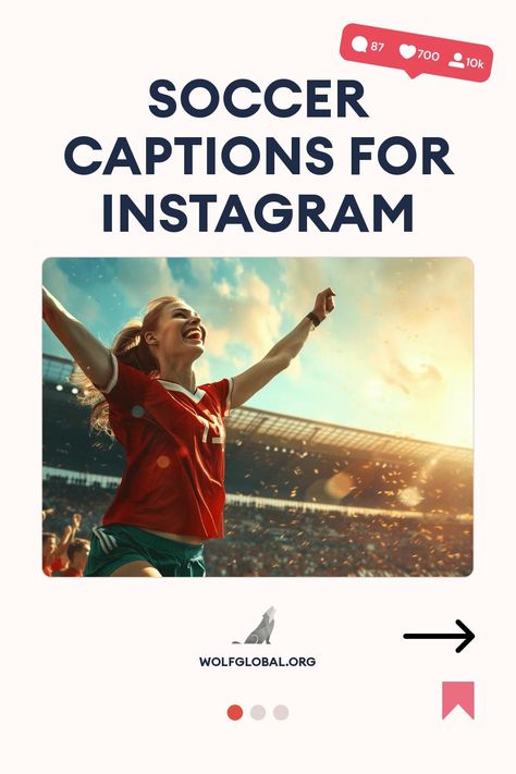 Graphic of "Soccer Captions for Instagram" with a picture of a joyful girl at a stadium.
Illustration of a checklist with playful soccer-related statements and emojis.
Woman sitting cross-legged, using laptop, with social media icons, and an advertisement for WOLFGLOBAL.ORG. Soccer Captions For Instagram, Soccer Captions, Creative Phrases, Soccer Instagram, Soccer Post, Insta Goals, Soccer Life, Professional Soccer, Soccer Game