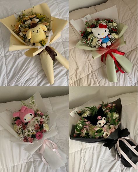 Ramo With Stuffed Animal, Stuff Animal Bouquet, Cinnamoroll Flower Bouquet, Best Friend Bouquet, Anime Flower Bouquet, Ramen Bouquet, Pompompurin Bouquet, Flower Bouquet Ideas Gift, Birthday Gift Ideas Boyfriend