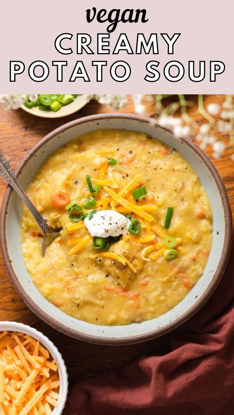 Creamy, hearty, and made with a handful of pantry staples, this vegan potato soup is sure to warm you up! This recipe is made in one pot in just over 30 minutes. Crockpot Vegetarian Potato Soup, Vegan Potato Soup Crock Pot, Vegan Potato Soup Recipes, Vegetarian Potato Soup, Baked Potato Soup Crock Pot, Potato Soup Vegan, Mashed Potato Soup, Vegan Baked Potato, Vegan Potato Soup