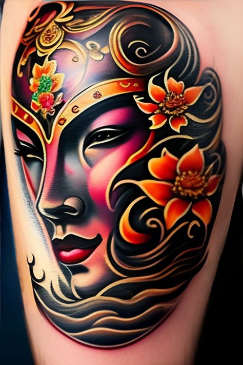 Tattoo of Hanna Mask with Flowers and Sea Waves Hanna Mask Tattoo, Joy And Sorrow, Light And Darkness, Mask Tattoo, Women's Tattoo, Delicate Flowers, Sea Waves, Human Nature, Delicate Flower