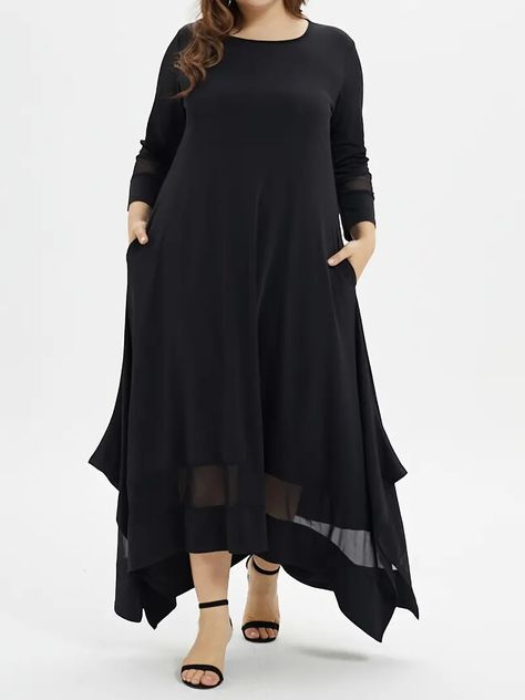 Plus Size Contrast Mesh Round Neck Long Sleeve Loose Fit Maxi Dress Women's Plus Slight Stretch Elegant Long Dress - Clothing, Shoes & Jewelry - Temu Plus Size Holiday Dresses, Net Skirt, Sukienki Plus Size, Fitted Maxi Dress, Long Sleeve Casual Dress, Maxi Robes, Plus Size Maxi, Elegant Dresses Long, Patchwork Dress