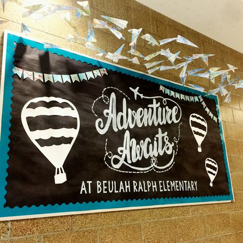 Get your classroom back-to-school ready with fun bulletin board ideas you'll never want to take down! Fun Bulletin Board Ideas, Travel Bulletin Boards, Hot Air Balloon Classroom Theme, School Year Themes, Counseling Corner, Travel Theme Classroom, Teacher Decor, Intervention Specialist, School Hallway