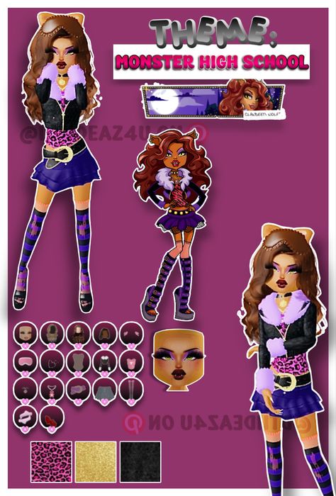 • 🏵️ • - #fyp #dti #dresstoimpress #dress #to #impress #roblox #dtiideas #aesthetic #outfitideas #dresstoimpressideas #idea #board #pin #robloxpin #robloxdti #robloxdresstoimpress Dti Theme Clawdeen, Dti Theme High School, Dti Theme Monster High, Clawdeen Wolf Dress To Impress, Dti Theme Monster High School, Dti School Ideas, Clawdeen Dress To Impress, Dti Monster High School Outfits, Monster High School Dress To Impress