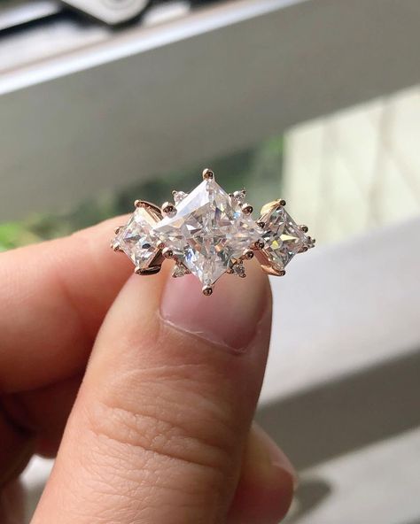 Welcome To Our Shop Custom Made Ring  (We Deliver the Best with love and heart..) Main Stone: Lab Created Moissanite  Material: 925 Sterling Silver/14k/18k Gold Plating: Rose Gold/Gold/Silver To change the Metal to a solid gold (white/rose) is also available, please ask for a quotation if you want. Customization is always welcome and please feel free to contact with me if you have any design ideas! It will take 5 to 7 business Days to Create Ring If you have any other query please feel free to c 3 Stone Princess Cut Engagement Rings With Band, Princess Cut Diamond Cluster Ring, Princess Cut Cocktail Ring, Square Engagement Rings With Side Stones, 3 Stone Engagement Rings Princess Cut, 3 Stone Princess Cut Ring, Three Stone Engagement Rings Princess, Vintage Style Wedding Rings, Unique Promise Rings