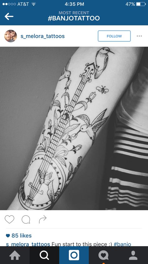 Bluegrass Tattoo Ideas, Hummingbird Music Tattoo, Folk Music Tattoo, Banjo Tattoo Ideas, Bluegrass Tattoo, Banjo Tattoo, Banjo Art, Grandparents Tattoo, Tattoos Arm