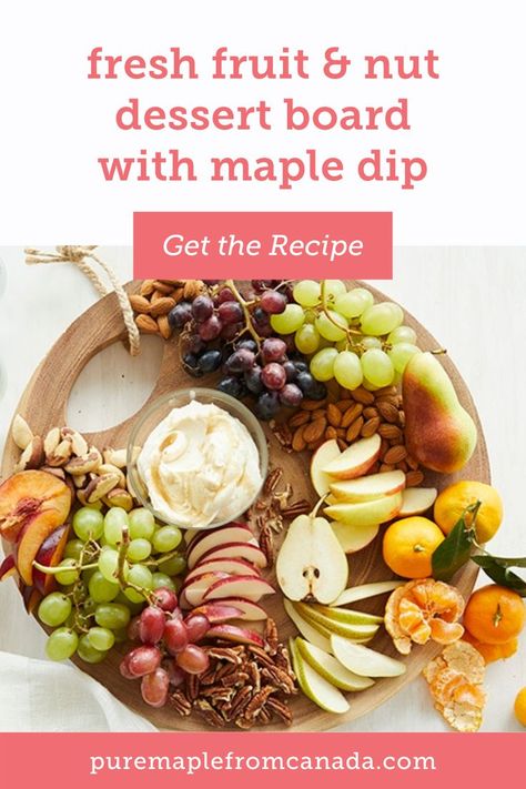 Impress your guests with a fresh fruit and nut dessert board with maple dip! Simply pick your favorite fruits and nuts, then whip up the delicious dip. Nut Charcuterie Board, Maple Dip, Nut Board, Nut Dessert, Maple Recipes, Assorted Nuts, Nut Cheese, Dessert Board, Shower Desserts