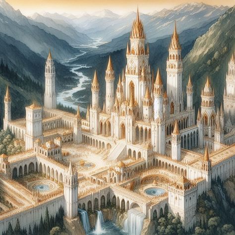 Fantasy Capital City, Fantasy Palace Art, Mythical Architecture, Castle House Design, Ancient Castle, Kingdom City, Ancient Kingdom, Heaven Art, Castle Art