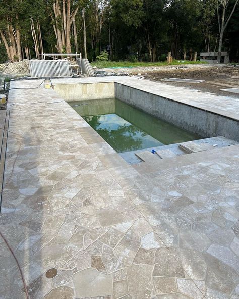 Crazy Pave Pool Area, Crazy Pave Pool, Crazy Pave, Fence Around Pool, Raised Pools, Pool Paving, Travertine Tiles, Travertine Pool, Outdoor Pool Area