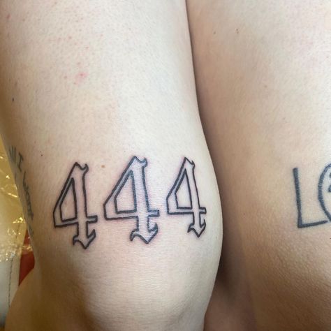 444 Angel Number, Angel Number Tattoo, Small Cross Tattoos, 444 Tattoo, Number Tattoo, Number Tattoos, Tattoo Apprentice, Knee Tattoo, Cross Tattoo