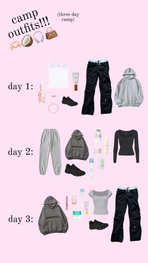 school camp outfits!! 🎧🫶🏻💌👜 #outfitinspo #camp #outfits #school #beauty #stuff #friends #glowrecipe #nike #outfit #drunkelephant School Camp Outfits, Band Camp Outfits, Camping Aesthetic Friends, School Trip Outfit, Camping Aesthetic Outfits, Camp Outfits, School Beauty, School Camp, Travel Bag Essentials