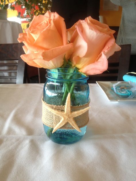 Beach theme shower centerpiece Starfish Centerpiece Ideas, Bridal Shower Beach Theme Decorations, Pink Beach Theme Party, Retirement Party Beach Theme, Classy Beach Theme Party, Beach Themed Retirement Party, Beach Theme Party For Adults, Beach Theme Graduation Party, Bridal Shower Beach Theme