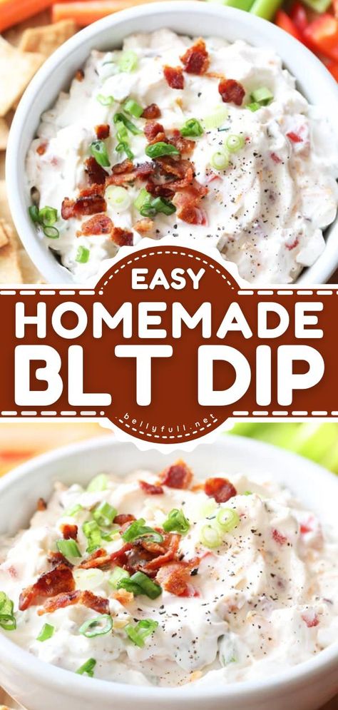 BLT Dip Recipe, game day, football food Blt Dip Recipe, Cold Dip Recipes, Blt Dip, Mini Sandwiches, Dip Recipes Easy, Starting Line, Thanksgiving Appetizers, Football Food, Easy Appetizer Recipes