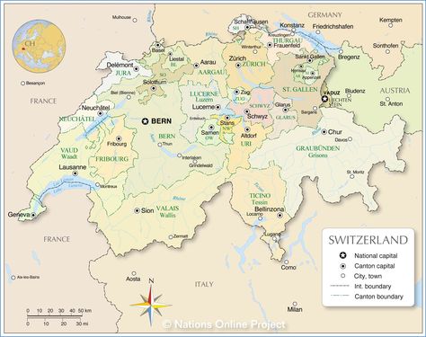 The map shows Switzerland and surrounding countries with international borders, canton boundaries, the location of the Swiss capital Bern, and canton capitals. Switzerland Map, Map Of Switzerland, Rome Vacation, The World Map, Bern, The Map, Peta, Travel Journal, Boundaries