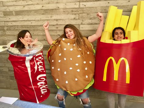 French Fry Halloween Costume, Diy Hamburger Costume, Snack Costume Ideas, French Fries Costume Diy, Junk Food Costume, Hamburger Costume Diy, Mcdonalds Costume Halloween, Diy French Fry Costume, French Fries Costume