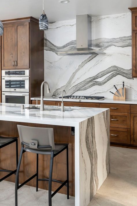 Quartz Island Countertop, Waterfall Edge Island, Small Kitchen Decoration Ideas, Slab Backsplash, Waterfall Island Kitchen, Small Kitchen Decoration, Craftsman Style Kitchen, Floating Kitchen Shelves, Kitchen Decoration Ideas