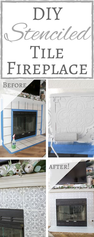 DIY Stenciled Tile Fireplace | Simply Beautiful By Angela Paint Fireplace Tile, Stenciled Tile, Fireplaces Makeover, Diy Fireplaces, Fireplace Makeovers, Diy Fireplace Makeover, Fireplace Redo, Fireplace Update, Fireplaces Ideas