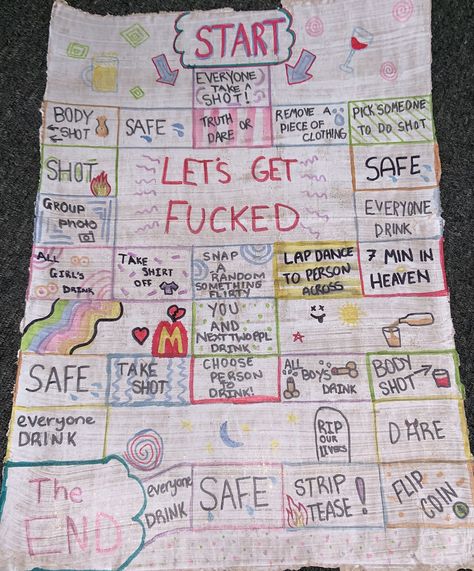 Drinking Board, Drunk Games, Drinking Board Games, Homemade Board Games, Alcohol Games, Sleepover Party Games, Diy Party Games, Board Game Party, Board Games Diy