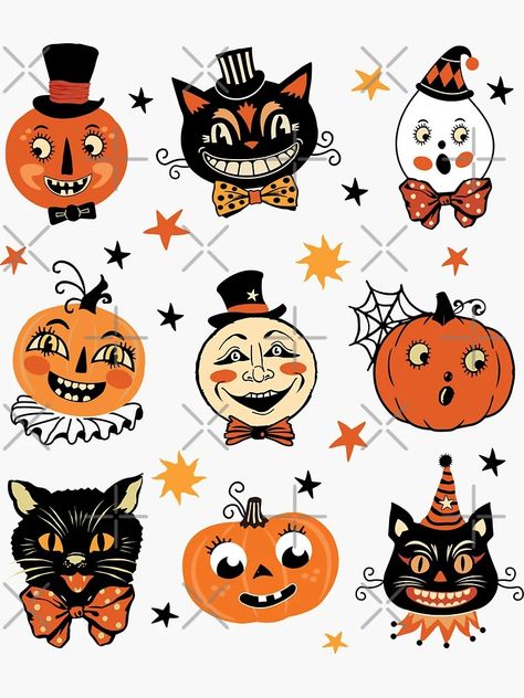 "Vintage Halloween Folk Art Retro Pumpkins and Cats Pattern" Sticker for Sale by PUFFYP | Redbubble Vintage Halloween Aesthetic Decor, Halloween Vintage Aesthetic, Vintage Halloween Decorations Diy, Retro Halloween Decorations, Halloween Canvas Paintings, Vintage Halloween Party, Vintage Halloween Art, Pumpkin Illustration, Cats Pattern