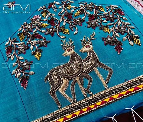 Deer Work Blouse Designs, Deer Blouse Designs, Deer Aari Work Blouse, Deer Embroidery Design Blouse, Heavy Blouses, Arvi The Couturier, Deer Embroidery Design, Deer Embroidery, Designs Blouse