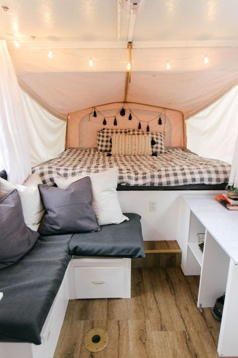 Sublime 12 Camper Makeovers that will Amaze You https://www.camperlife.co/2019/10/19/12-camper-makeovers-that-will-amaze-you/ If you're stuck with a sofa you despise, look at including a slipcover. The dining room is an excellent idea since you now have a table in that region... Tent Trailer Remodel, Pop Up Remodel, Pop Up Camper Ideas, Pop Up Camper Remodel, Popup Camper Remodel, Pop Up Tent Trailer, Camper Remodel Ideas, Trailer Makeover, Pop Up Campers