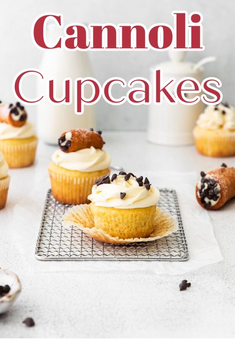 Cannoli Cupcakes - The perfect combination of a cannoli and a cupcake! Vanilla cupcakes filled with cannoli filling and mini chocolate chips and topped with a mascarpone buttercream frosting. Cupcake Recipes | Cannoli Recipes | Cannoli Cupcakes #cupcakes #baking Cannoli Recipes, Cannoli Cupcakes, Mascarpone Buttercream, Cannoli Cupcake, Cupcake Vanilla, Delicious Cupcakes Recipes, Cannoli Filling, Cupcakes Filled, Chocolate Chip Cupcakes