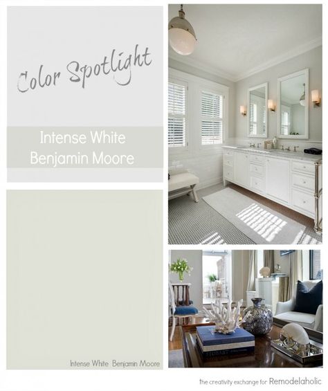 Intense White by Benjamin Moore. Color Spotlight on Remodelaholic Griege Paint Colors, Benjamin Moore Intense White, Benjamin Moore Pale Oak, Benjamin Moore Wrought Iron, Color Spotlight, Edgecomb Gray, Interior Paint Colors Schemes, Black Paint Color, Popular Paint Colors