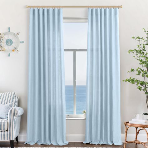 PRICES MAY VARY. Fabric:Uniquely blended woven of 20% flax linen plus 80% polyester.Unlike primitive 100% linen fabric being too stiff and skin unfriendly,polyester helps on fabric soft,easy wash and wrinkle free but linens still keeping organic speck aesthetic from nature. Light Filtering & Semi Transparent: These curtain panels are sheers but with substantial texture and weight.Linen textured curtain draperies don't completely block the sunlight but gently filtering out harsh sunlight. Simple Blue Curtains For Bedroom, Boys Room Curtains, Light Blue Curtains, Semi Sheer Curtains, Girls Bedroom Sets, Coastal Curtains, Sliding Glass Doors Patio, Glass Doors Patio, Kids Living Rooms