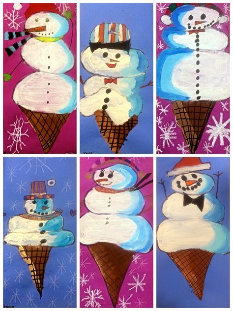 Snowman Scoops Ice Cream Cone Exploring Art: Elementary Art Art Projects For Elementary Students, Projects For Elementary Students, Art Projects For Elementary, Winter Kunst, January Art, Snowman Art, Winter Art Lesson, Christmas Art Projects, 2nd Grade Art