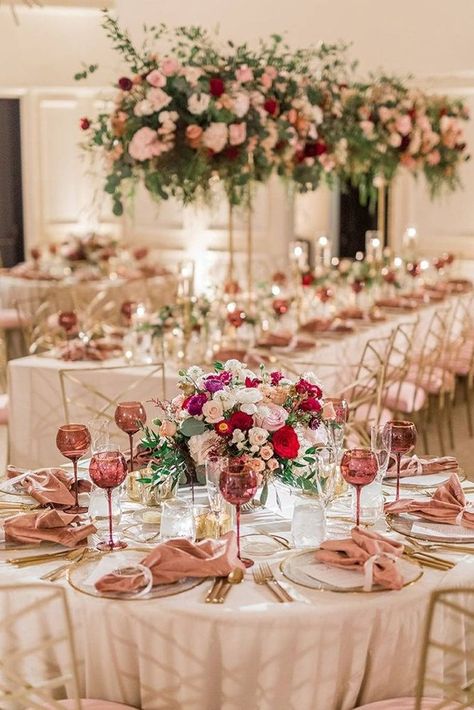 42 Outstanding Wedding Table Decorations | Wedding Forward Pink Wedding Chairs, Light Pink And Red Wedding, Red Pink Gold Wedding, Pink And Red Table Setting, Magenta And Gold Wedding, Elegant Wedding Reception Decorations, Pink Reception Decor, Nikah Inspiration, Pink Floral Centerpieces