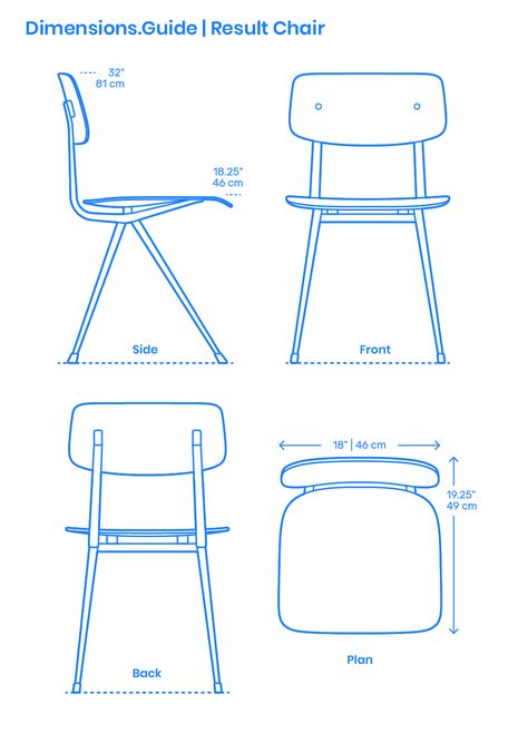 Designed by Dutch designers Friso Kramer and Wim Rietveld (1958), the Result Chair has a sheet steel frame that supports a molded plywood seat and back covered in lacquered or stained oak veneer. The Result Chair has stood the test of time remaining an icon of classrooms around the globe. Downloads online #furniture #chairs #design Standard Chair Dimensions, Chair Elevation Drawing, Chair Blueprint, Woodworking Blueprints, Furniture Design Sketches, Chairs Design, Elevation Drawing, Food Cart Design, Furniture Dimensions