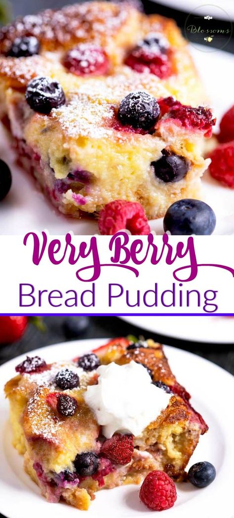 This Berry Bread Pudding recipe is made with tender brioche bread soaked in a rich sweet custard and is loaded with strawberries, raspberries and blueberries. This irresistible bread pudding is scrumptious and a super easy dessert. Perfect for breakfast for a crowd and brunch! #easy #recipe #dessert #blueberries #strawberries #raspberries #custard #berries #summer Berry Bread Pudding, Berry Bread, Best Bread Pudding Recipe, Super Easy Dessert, Sweet Custard, Puding Roti, Super Easy Desserts, Breakfast For A Crowd, Brunch Easy