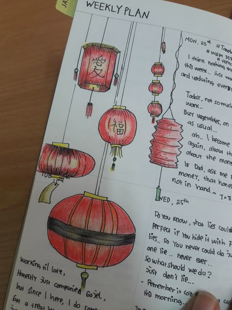 How To Draw Chinese Lanterns, Chinese Journal Ideas, Chinese New Year Journal Ideas, Chinese Doodles Drawing, Chinese New Year Drawing Ideas, Lunar New Year Watercolor, Lunar New Year Drawing, Chinese New Year Drawing, Chinese Lantern Drawing