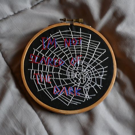 Spiderverse Embroidery, Song Lyric Embroidery, Scared Of The Dark, Thread Painting, Needle Point, Song Lyric, Hand Craft, Embroidered Jeans, Hand Designs