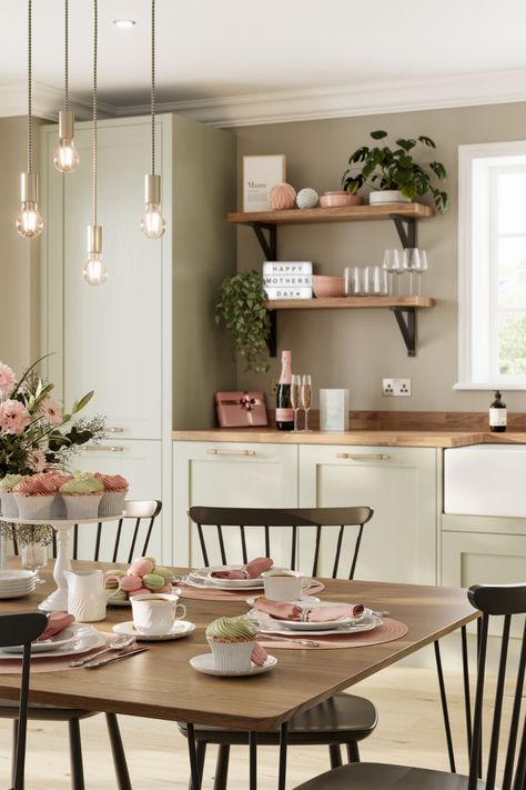 Home Decor Ideas Sage Green, Pale Green And Wood Kitchen, Modern Kitchen Sage Green, Kitchens Sage Green, Pink Green And White Kitchen, Pink Sage Kitchen, Blush And Sage Kitchen, Sage Green And Blush Kitchen, Sage Kitchen Ideas Color Palettes