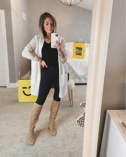 Tan Knee High Boots Outfit Winter, Tan Over The Knee Boot Outfit, Tan Knee High Boots Outfit, Taupe Boots Outfit, Tan Boots Outfit, High Boots Outfit Winter, Long Boots Outfit, Suede Boots Outfit, Business Casual Outfits Winter