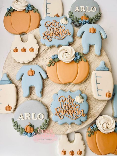 November Baby Boy Shower Ideas, Fall In Love Baby Shower Theme Boy, Blue Fall Baby Shower Ideas, Pumpkin Baby Shower Treats, A Little Pumpkin Is On The Way Cookies, Pumpkin Spice Baby Shower Theme, Blue Pumpkin Baby Shower Ideas, Little Pumpkin Baby Shower Ideas Boy, Fall Boy Baby Shower Ideas