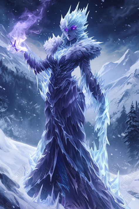 Auril, Lady Frostkiss (Icewind Dale: Rime of the Frostmaiden) Icewind Dale Rime Of The Frostmaiden, Snow Elemental, Fae Knight, Frost Monster, Christmas Dnd, Ice Warrior, Ice Elemental, Ice Monster, Ice Warriors