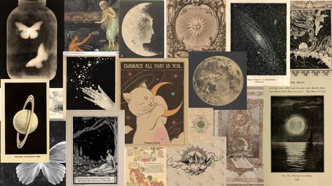 Tarot Laptop Wallpaper, Tarot Wallpaper Desktop, Vintage Collage Wallpaper Laptop, Witchy Wallpaper Laptop, Vintage Moon Aesthetic, Moon Wallpaper Laptop, Spiritual Wallpaper Laptop, Backgrounds Aesthetic Laptop, Wallpaper Backgrounds Aesthetic Laptop