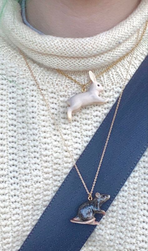 cute rabbit and rat necklaces <3 jewelry aesthetic , rabits , bunnies , necklace aesthetic , rabbit necklace , rat necklace Rat Necklace, Aesthetic Rabbit, Rat Jewellery, Rabbit Necklace, Necklace Aesthetic, Bunny Necklace, Rabbit Necklaces, Jewelry Aesthetic, Ceramics Pottery Art