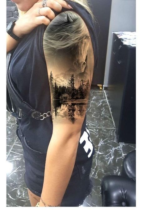 Farm Sleeve Tattoos For Women, Woman’s Full Sleeve Tattoo, Horse Tattoo Sleeve For Women, Fall Nature Tattoo, Horse Mountain Tattoo, Horse Arm Tattoo, Horse Sleeve Tattoos For Women, Horse Hip Tattoo, Western Womens Tattoo