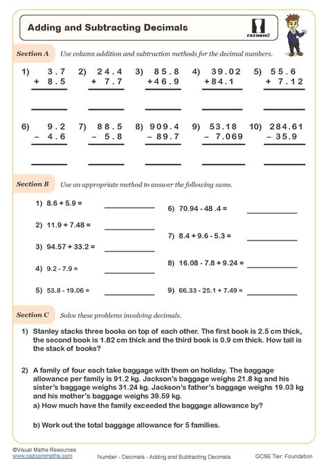 Math For 5th Graders, Subtracting Decimals Worksheet, Subtract Decimals, Adding And Subtracting Decimals, Decimals Addition, Grade 5 Math Worksheets, Printable Multiplication Worksheets, Decimal Word Problems, Adding Decimals